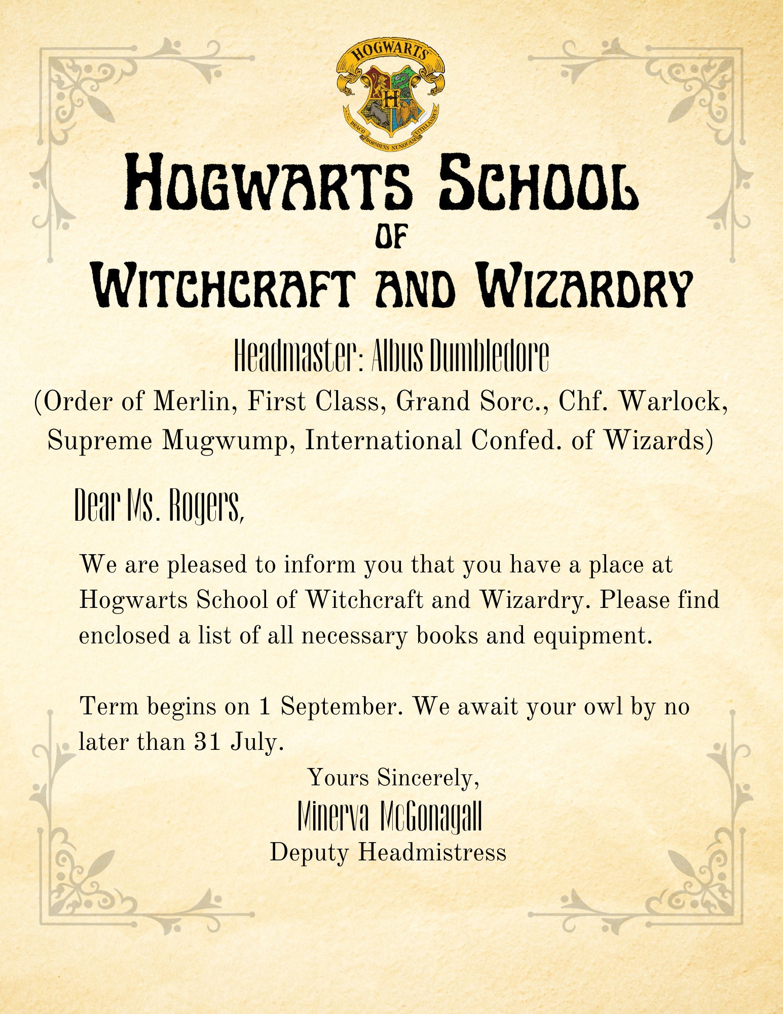 Custom Hogwarts Acceptance Letter - Etsy