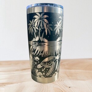 Engraved Sea Turtle Stainless Steel Tumbler with Tropical Palm Design