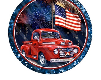 Patriotic Red Truck Wreath Sign – USA Flag Fireworks Round Aluminum Door Décor