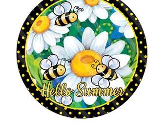 Hello Summer Bumblebee Round Aluminum Wreath Sign | Daisy Farmhouse Door Décor