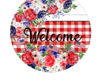 Welcome Patriotic Floral Round Aluminum Wreath Sign | Red White Blue Farmhouse Door Décor