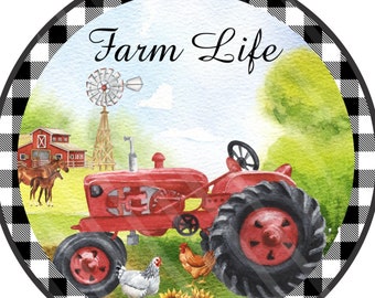 Farm Life Tractor Wreath Sign – Rustic Red Tractor Farmhouse Décor