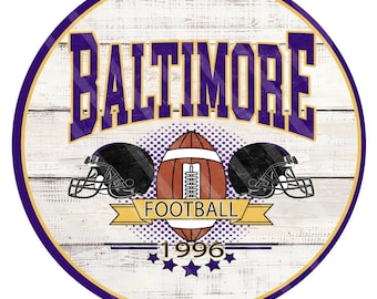 Baltimore Football Wreath Sign – Purple Round Aluminum Sports Door Décor