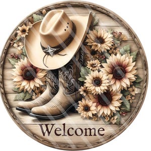 Round Western Welcome Wreath Sign, Floral Welcome Sign, Boots and Hat, Rustic Door Decor, Country Home Decor, Ohdeerrusticdecor