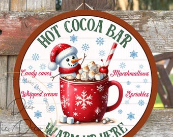 Hot Cocoa Bar Wreath Sign – Warm Up Here Round Aluminum Door Décor