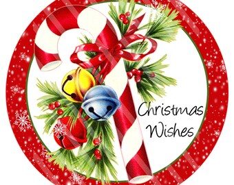 Christmas Wishes Round Aluminum Wreath Sign with Candy Cane and Jingle Bells