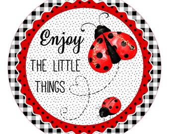 Ladybug “Enjoy the Little Things” Wreath Sign – Farmhouse Buffalo Plaid Wall Décor