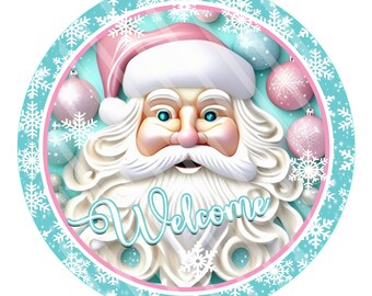 Pastel Santa Welcome Sign – Pink & Teal Christmas Door Decor