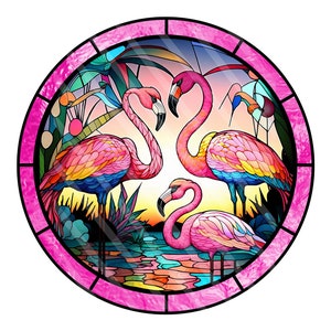 Pink Flamingo Faux Stained Glass Wreath Sign - 8 Inch Aluminum