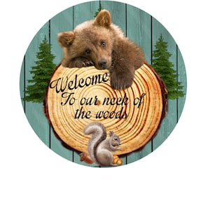 Welcome to Our Neck of the Woods Sign – Bear and Squirrel Round Door Décor