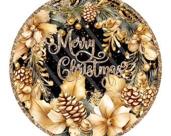May include: A round, black background with a gold glitter border. The center features a gold and green wreath with pine cones, berries, and flowers. The text "Merry Christmas" is written in gold cursive script.