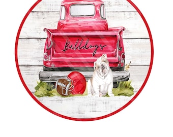 Bulldogs Football Wreath Sign – Red Truck Round Aluminum Farmhouse Team Door Décor