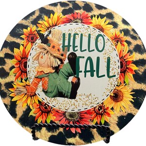 Hello Fall Wreath Sign – Scarecrow Sunflower Leopard Print Decor