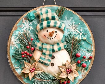 Teal Snowman Wreath Sign – Round Aluminum Winter Door Décor for Christmas Wreath Making