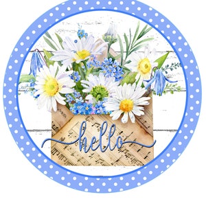 Rustic Hello Daisy Wreath Sign – Blue Floral Farmhouse Everyday Décor