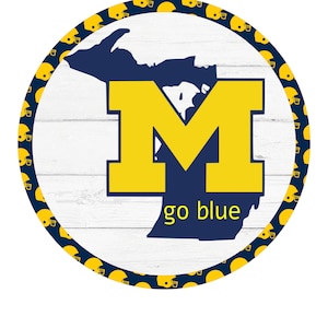 Go Blue Michigan Inspired Wreath Sign – Maize and Blue Round Aluminum Door Décor