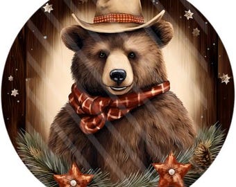 Cowboy Bear Winter Round Aluminum Wreath Sign for Door Décor