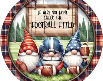 Football Gnome Wreath Sign – Check the Field Round Aluminum Fall Door Décor