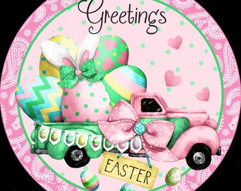 Easter Greetings Round Wreath Sign – Pink Truck Farmhouse Pastel Door Decor