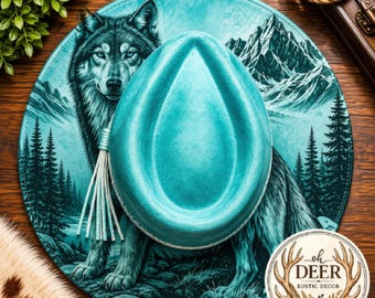 Engraved Wolf Fedora Hat, Turquoise Western Wide Brim Hat, Wolf Mountain Hat, Rustic Cowgirl Hat, Boho Western Gift for Her