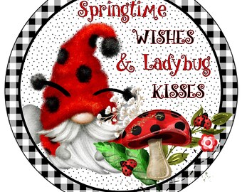Springtime Ladybug Gnome Wreath Sign – Red Black Farmhouse Aluminum Decor