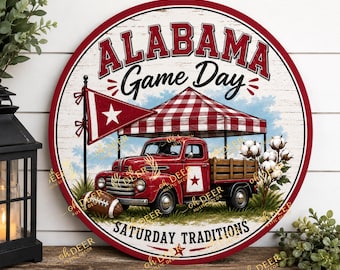 Alabama Game Day Wreath Sign | Round Aluminum Football Door Hanger | Rustic Tailgate Decor | Crimson Football Porch Sign