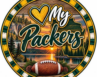 Green Bay Football Wreath Sign, Wisconsin Football Decor, Green and Gold Game Day Sign, Rustic Football Wreath Center