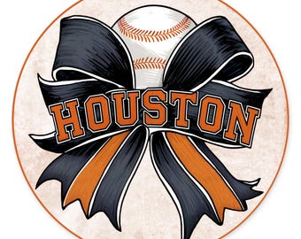 Houston Baseball Wreath Sign, Navy Orange Coquette Bow Door Sign, Baseball Mom Gift, Houston Fan Decor, Round Wreath Attachment