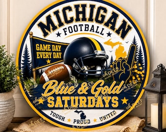 Michigan Football Wreath Sign | Blue & Gold Saturdays Aluminum Door Hanger | Game Day Front Door Decor | Football Fan Gift