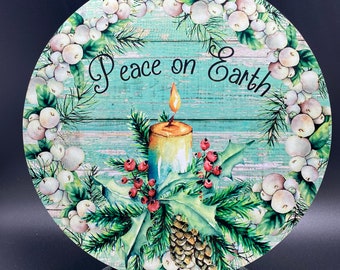 Peace on Earth Candle Round Aluminum Wreath Sign for Holiday Door Décor