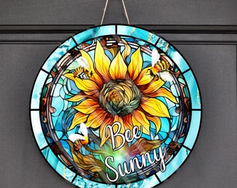 Bee Sunny Round Wreath Sign, Sunflower Bee Wreath Attachment, Summer Wreath Sign, Farmhouse Bee Decor, Sunflower Door Decor
