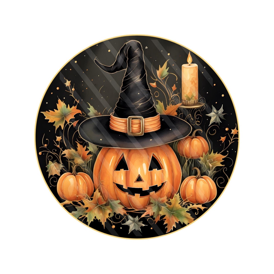 Halloween Pumpkin Wreath Sign, Witch Hat Door Decor, Fall Rustic Round ...