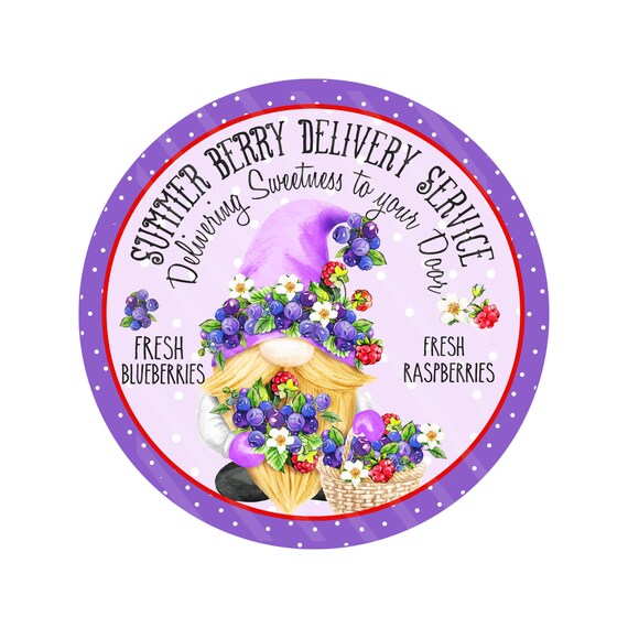 Summer Berry Wreath Sign, Gnome Door Decor, Farmhouse Kitchen Round Fruit Sign