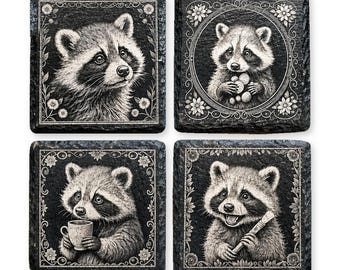 Raccoon Slate Coasters Set of 4, Cute Trash Panda Drink Coasters, Rustic Farmhouse Kitchen Decor, Woodland Animal Coaster Set