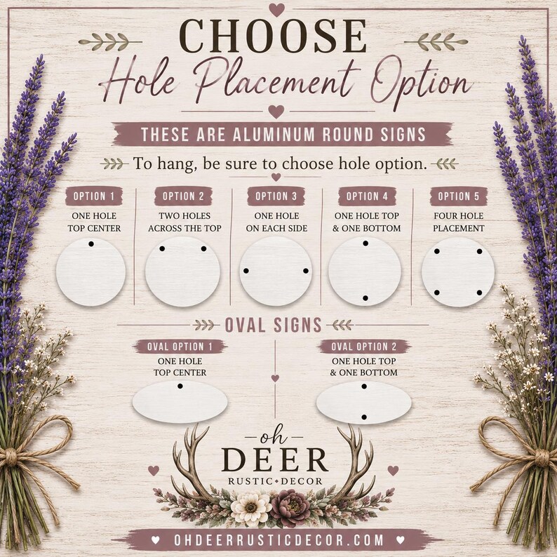 May include: An informational graphic titled CHOOSE Hole Placement Option for aluminum round and oval signs. It displays five round sign hole configurations and two oval sign hole configurations, decorated with lavender sprigs and deer antlers.