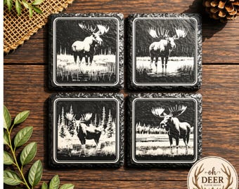 Moose Slate Coasters Set of 4, Engraved Moose Coasters, Rustic Cabin Decor, Wildlife Gift, Lodge Decor, Moose Lover Gift