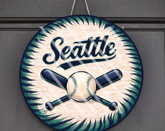 Seattle Baseball Wreath Sign, Crossed Bats Door Hanger, Seattle Sports Decor, Baseball Wreath Attachment, Navy Teal Round Sign