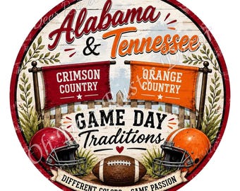 Alabama Tennessee House Divided Wreath Sign, Crimson Orange Game Day Door Decor, Rivalry Football Wreath Attachment, Football Fan Gift