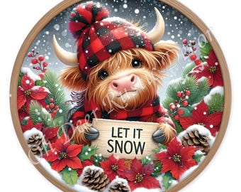 Highland Cow Christmas Wreath Sign, Let It Snow Buffalo Plaid Door Sign, Poinsettia Winter Farmhouse Decor, Wreath Attachment, Cow LoverGift