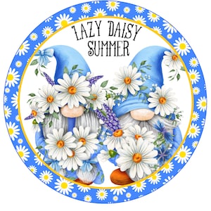Lazy Daisy Summer Gnome Wreath Sign – Blue Floral Aluminum Farmhouse Decor