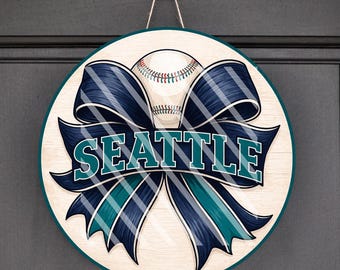 Seattle Baseball Wreath Sign, Seattle Door Hanger, Baseball Bow Sign, Teal Navy Sports Decor, Round Wreath Attachment