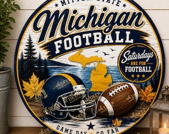 Michigan Football Wreath Sign | Round Aluminum Door Hanger | Rustic Game Day Decor | Michigan Inspired Football Porch Sign