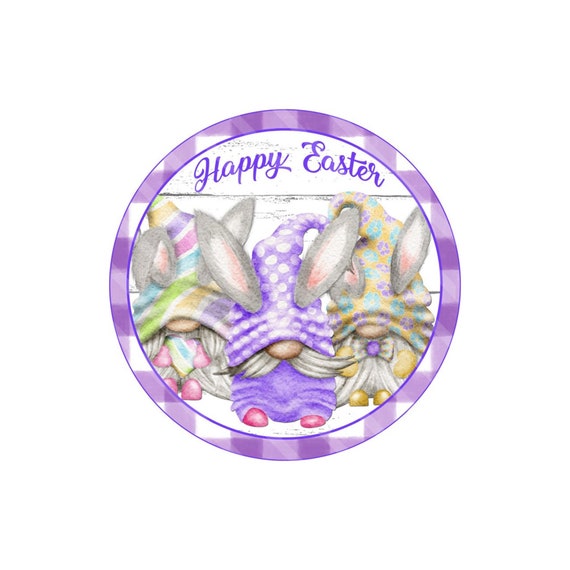 Happy Easter Bunny Round Wreath Sign – Blue Border Pastel Spring Door Decor