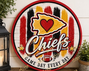 Kansas City Inspired Football Wreath Sign | Round Aluminum Door Hanger | Red & Gold Game Day Decor | Football Fan Sign