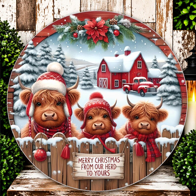 May include: A round decorative sign featuring three Highland cattle wearing winter hats and scarves behind a wooden fence. The scene includes a red barn, a red truck, and snow-covered pine trees. A sign on the fence reads, Merry Christmas from our herd to yours.