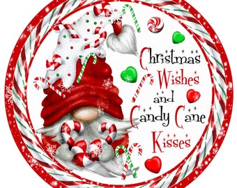 Wreath Sign, Christmas Wishes and Candy Cane Kisses Wreath Sign, Signs for Wreaths, Wreath Enhancement, Round Wreath Signs