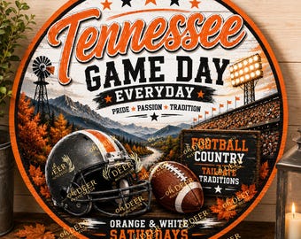 Tennessee Football Wreath Sign | Round Aluminum Door Hanger | Orange & White Game Day Decor | Football Fan Front Door Sign