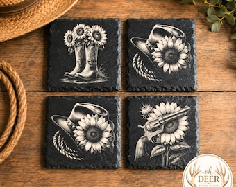 Western Slate Coasters Set of 4, Cowgirl Sunflower Coasters, Cowboy Boots Decor, Rustic Western Home Decor, Cowgirl Gift