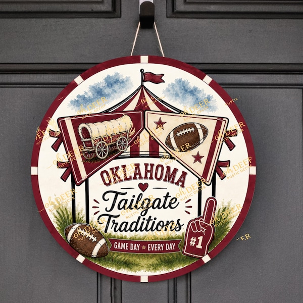 Oklahoma Tailgate Traditions Wreath Sign | Crimson Football Decor | Round Aluminum Door Hanger | Game Day Front Door Sign