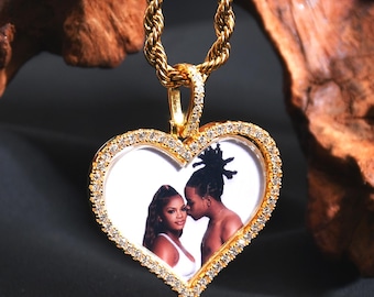 Personalized Iced Out Photo Heart Necklace, Custom Photo Pendant, Heart Shape Family Couple Necklace, Custom Picture Necklace, Gift for Wife